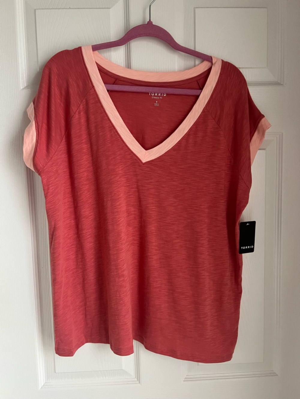 torrid Coral V-Neck Tee with Light Pink Trim